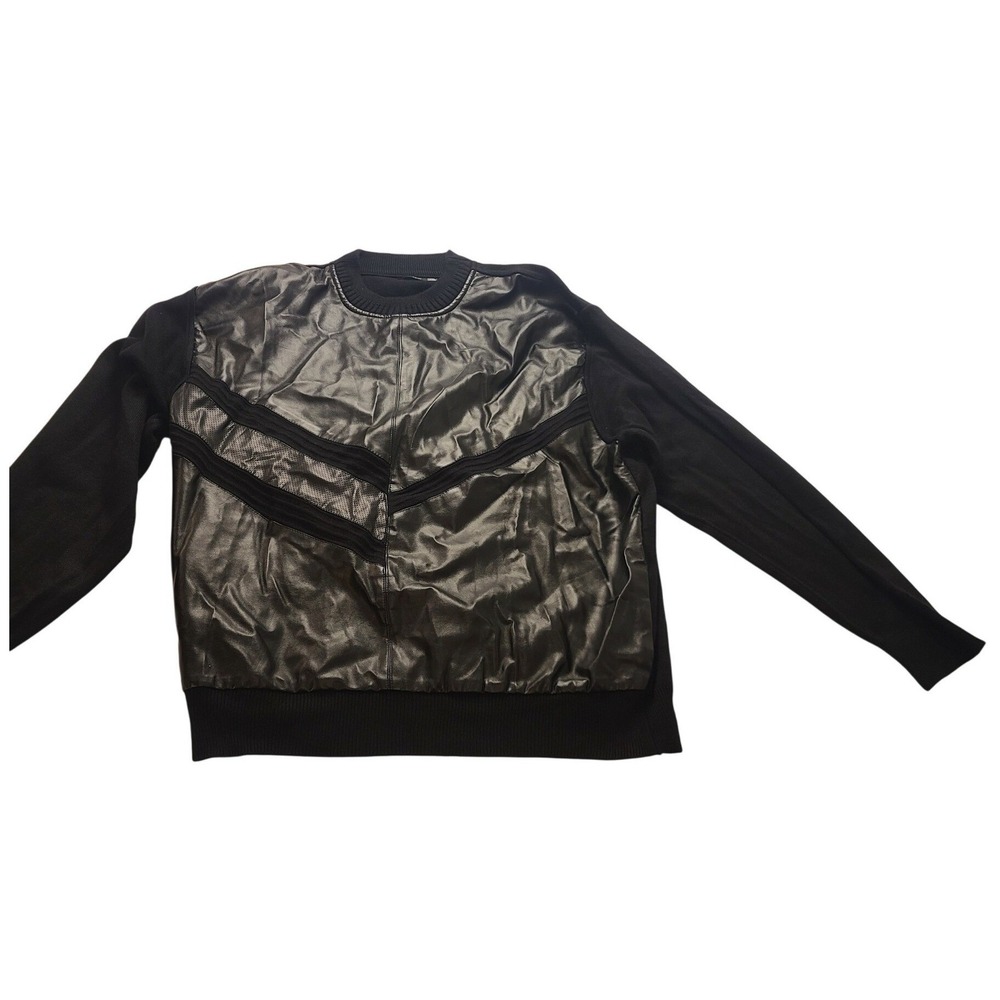 Bagazio Men's XXL Faux Leather Knit Sweater Black Perforated Media Crewneck‎